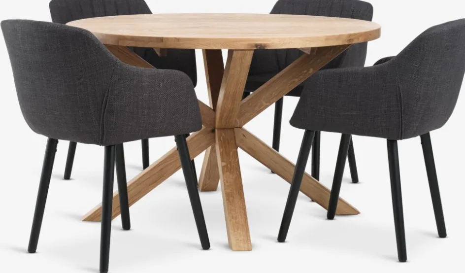 GRIBSKOV + ADSLEVGRIBSKOV Ø120 table chêne nat. + 4 ADSLEV chaises anthracite-JYSK New
